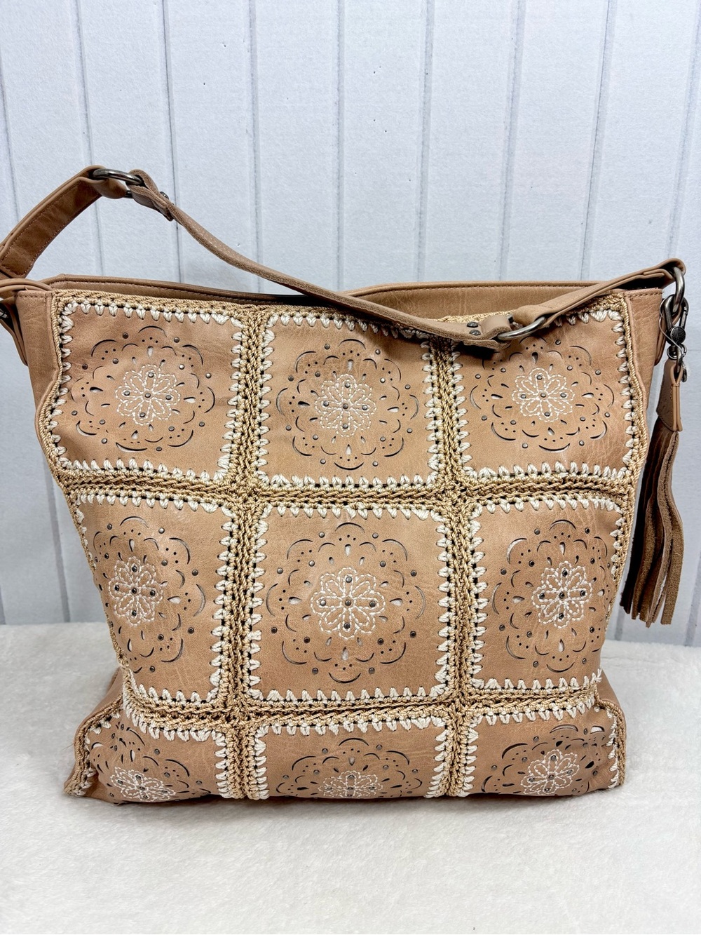 The Sak Silverlake Leather Hobo Bag Tan Crochet Panel Shoulder Bag